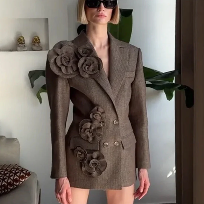 Simple Elegance Temperament Commute Style Handmade Three-dimensional Flower Decoration Stitching Double-breasted Women's Suit Jacket