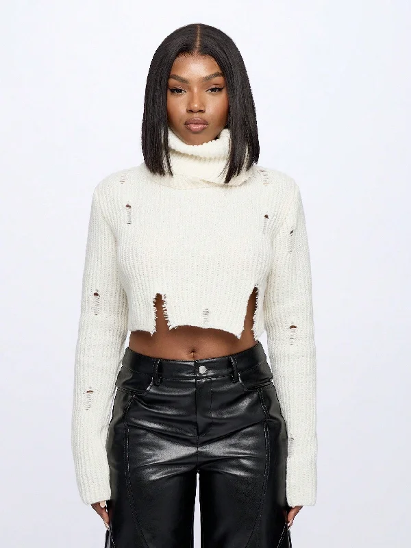 Breezy Style SUMWON WOMEN Knit Distressed High Neck Long Sleeve Crop Sweater Top
