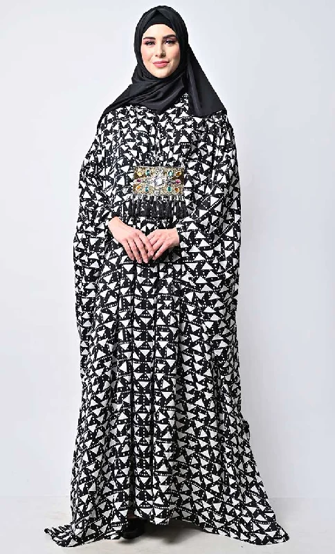 Comfort Fit Printed Applique Work Detailing Full Flairy Kaftan