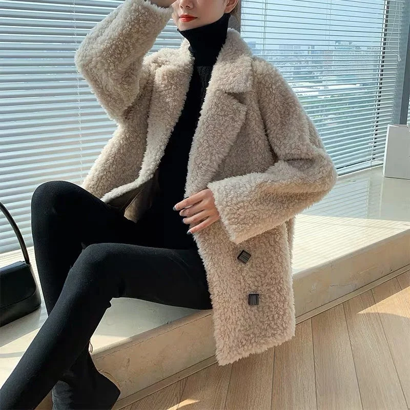 Comfortable down All Wool Granular Sheep Shearing Mid Length Large Size Fur Coat