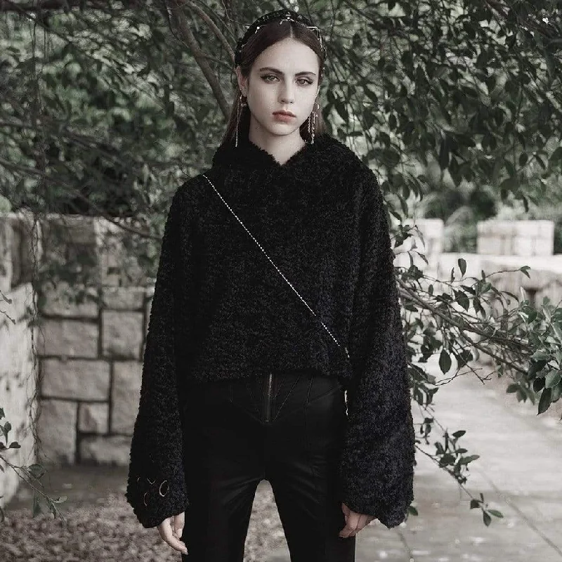 Letter embroidery Women's Grunge Flare Sleeved Sherpa Hoodies