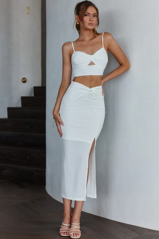 Fashion Design One Night Only Twist Waist Split Midi Skirt White