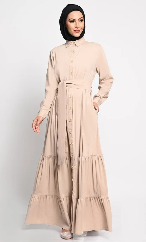 Fresh And Simple Sophisticated Korean Twill Fabric Abaya with Adjustable Belt and Pleated Panels
