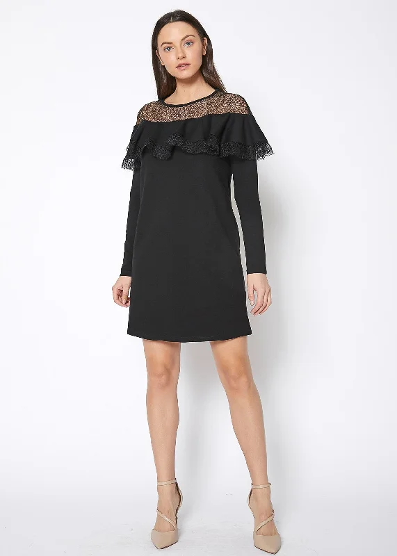 Elegant And Charming Lace Trim Sweatshirt Dress In Black