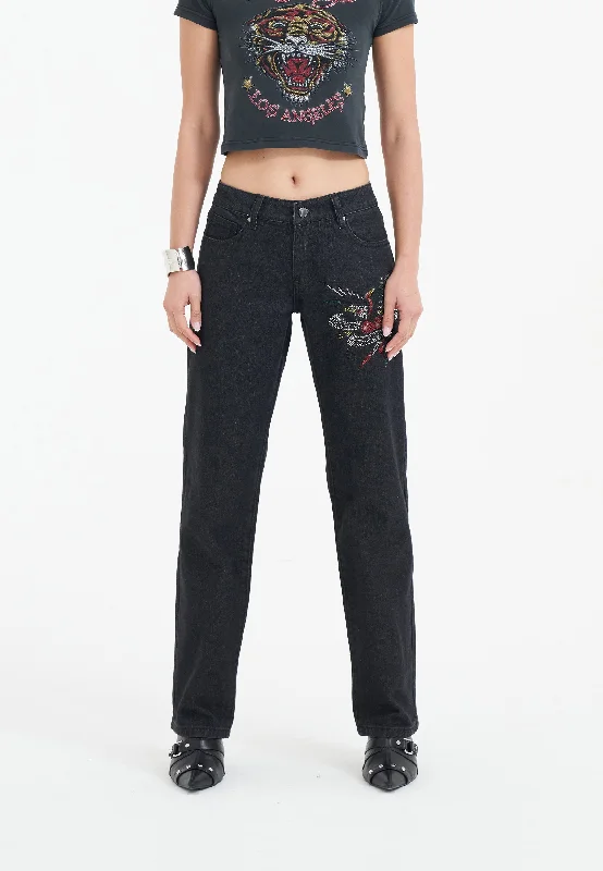 Luxury And Elegant Womens True Death Diamante Straight Denim Trousers Jeans - Black