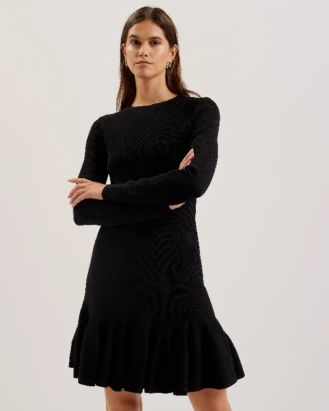 High-end Wear Loisss Flippy Skirt Long Sleeve Mini Dress Black