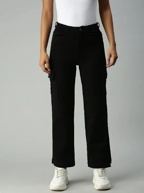 Sporty Elegance Women's Black Solid Denim Wide Leg Jeans