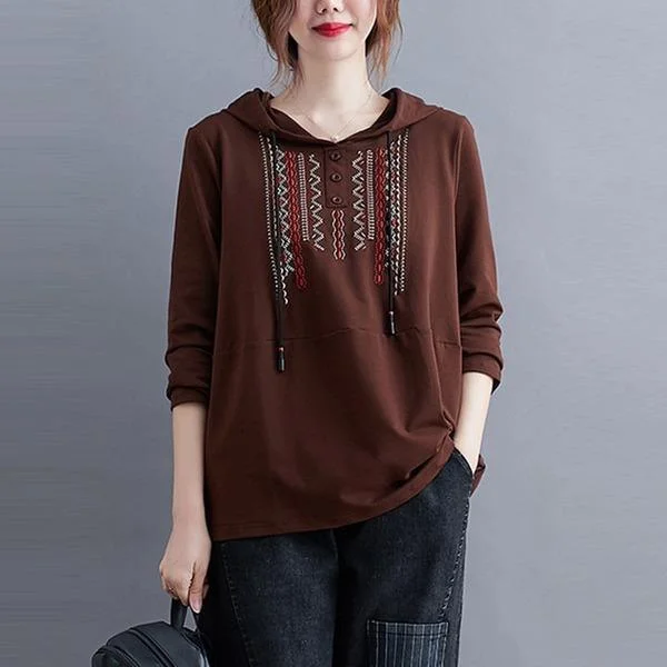 Editorial Design Casual Hooded Sweatshirt  Vintage Embroidery Loose Female Long Sleeve Hoodies