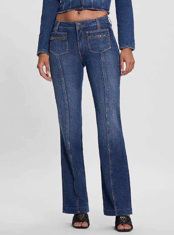 Creative Style Eco Mid-Rise Bootleg Cut Chain Denim Jeans in Dark Wash