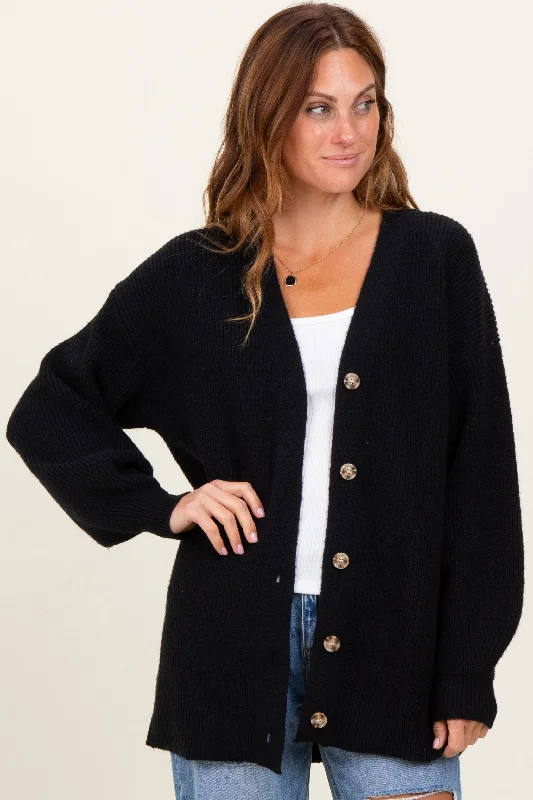 Slightly Flared Design Black Knit Oversized Button Down V-Neck Cardigan