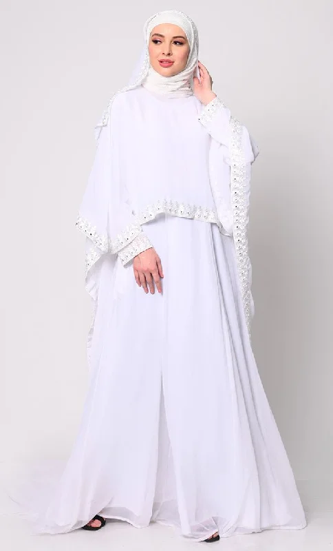 College Style Timeless Beauty 3Pc White Embroidered Abaya, Cape, and Dupatta Ensemble College Style Timeless Beauty 3Pc White Embroidered Abaya, Cape, and Dupatta Ensemble