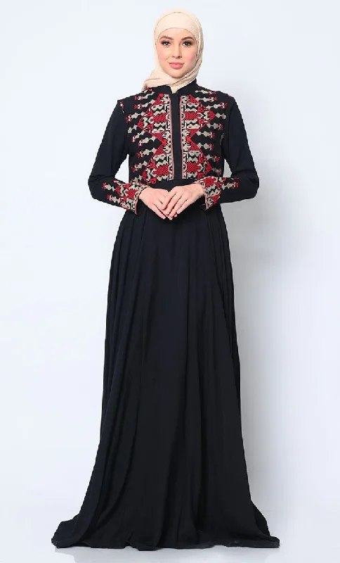 Playful Style Modern Cross Stitch Embroidered Black Abaya with Pockets