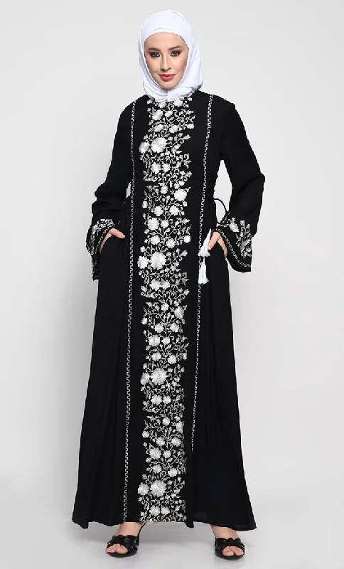Exquisite Tailoring Chic Rayon A-Line Abaya with Contrast Floral Embroidery and Bell Sleeves Exquisite Tailoring Chic Rayon A-Line Abaya with Contrast Floral Embroidery and Bell Sleeves