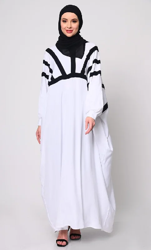 Dessert Matching White Kaftan with Contrasting Color Trims and Functional Pockets