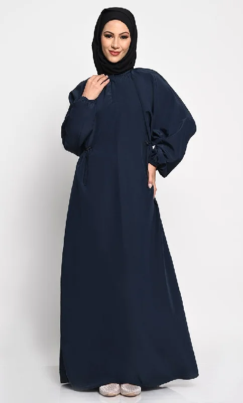 High-waisted pants style Kashibo A line solid Abaya dress with elastic waist - Navy