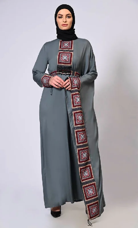 Warm Wear Stylish Semi Grey Kaftan with Printed Panels and Tassel Details