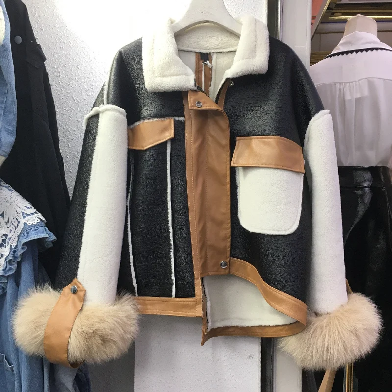 Elegant And Noble Colorblock Faux Fur Jacket With Fox Cuffs