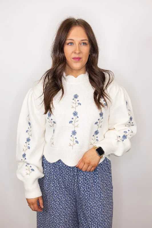 Unique Design Floral Passion Cream Embroidered Sweater
