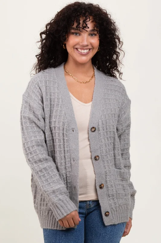 Classic Style Heather Grey Waffle Knit Button Up Cardigan