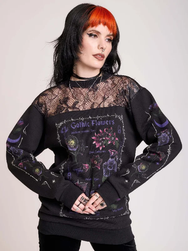 Single-shoulder Neck Design Gothic Flowers Lace Sweatshirt