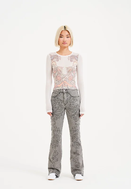 Versatile Items Womens Ice Geisha Flared Denim Trousers Jeans - White/Grey