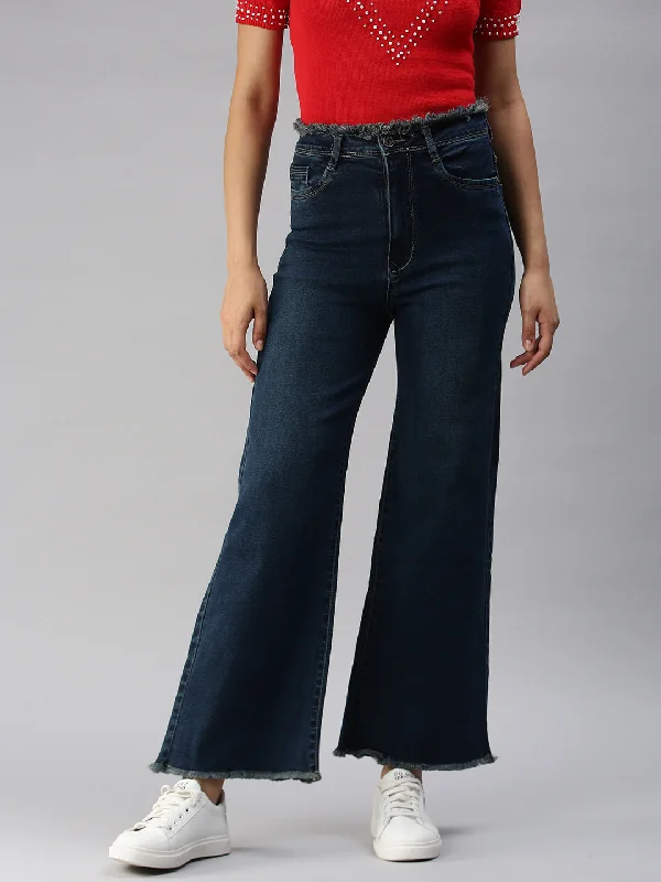 Modern Comfort Women's Navy Blue Solid Wide Leg Denim Jeans