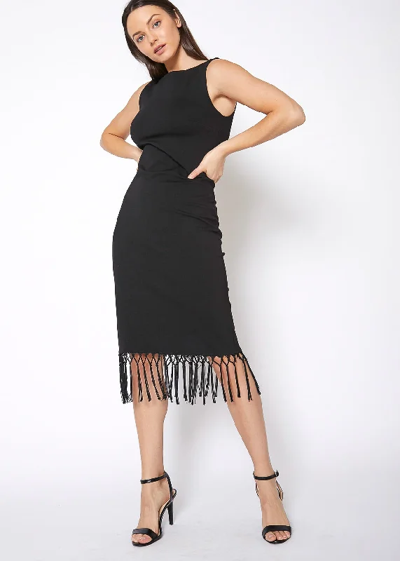 Personal Charm Tassel Hem Sleeveless Midi Bodycon Dress in Black