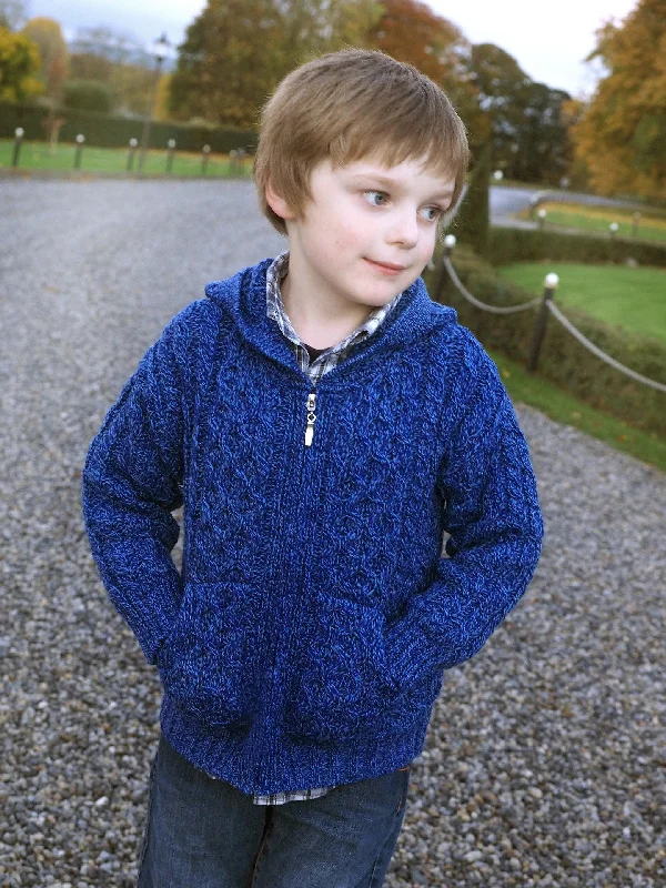 Retro Style Kids Hooded Zip Aran Cardigan-Blue