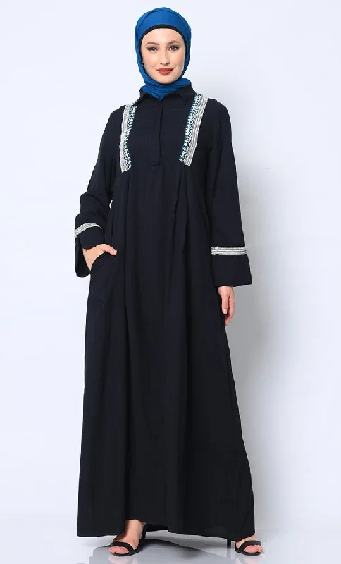 Minimal Style Etheral Embroidered Black Rayon Abaya with Pockets