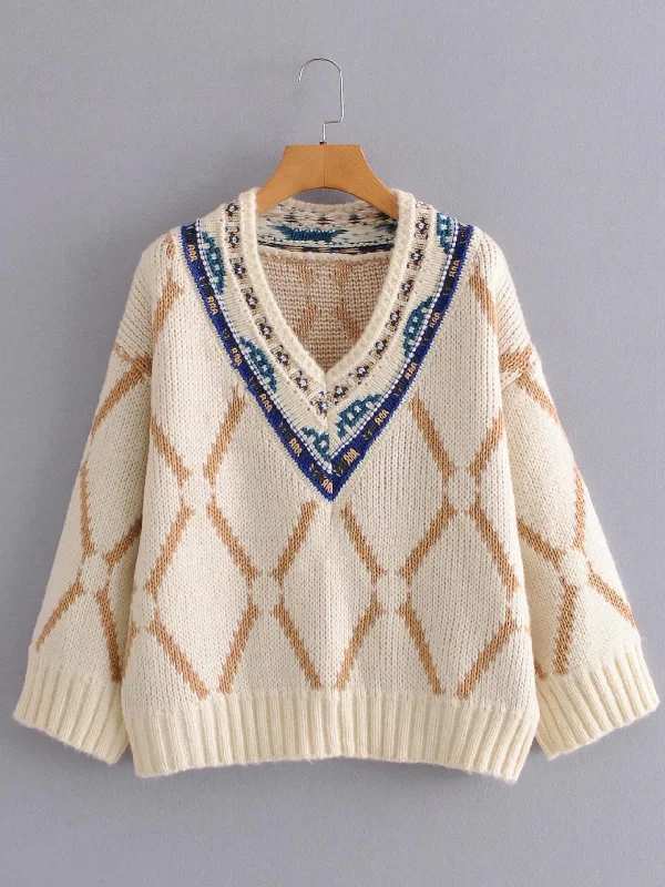 Exquisite Craftsmanship Embroidered pattern V-neck thickened ethnic style sweater loose-fitting sweater for women 1368 Exquisite Craftsmanship Embroidered pattern V-neck thickened ethnic style sweater loose-fitting sweater for women 1368