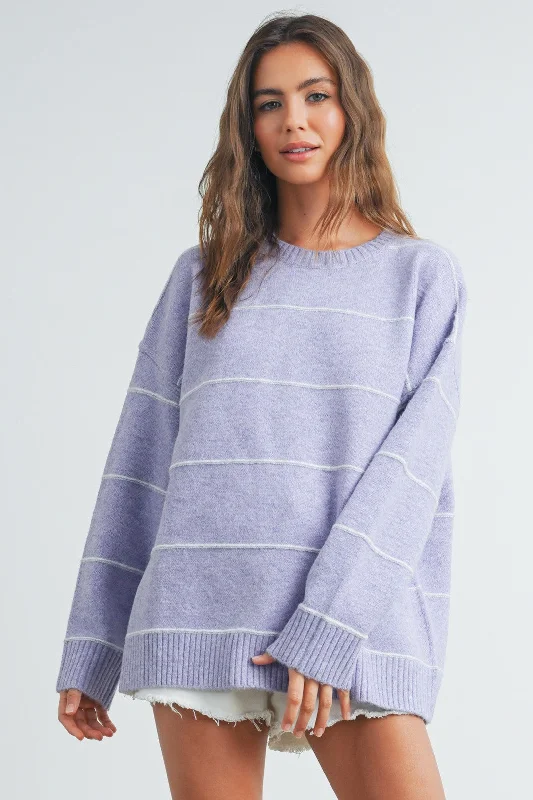 Street Fashion Lavender Striped Drop Shoulder Sweater