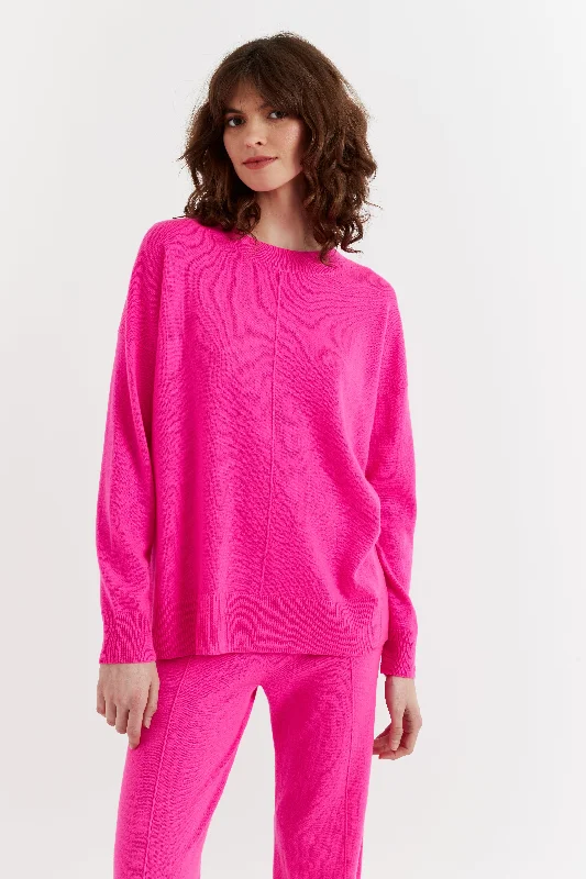Fashionable And Versatile Fuchsia Wool-Cashmere Slouchy Sweater