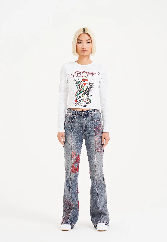 Classic Womens Rouge Hearts Flared Denim Trousers Jeans - Mid Blue