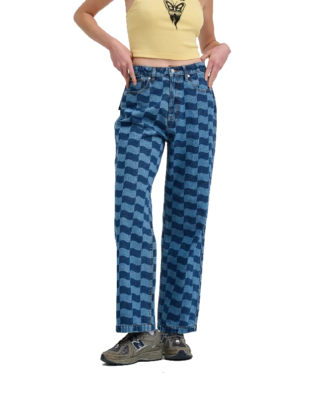 Romantic And Fresh Classic Baggy Jeans in Blue Wave Check