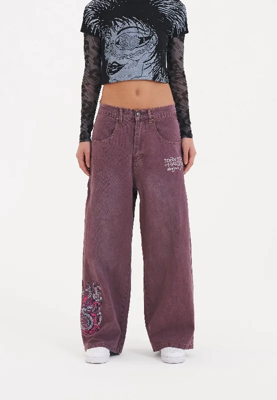 Floral Prints Womens Twisted Dragon Xtra Oversized Denim Trousers Jeans - Purple
