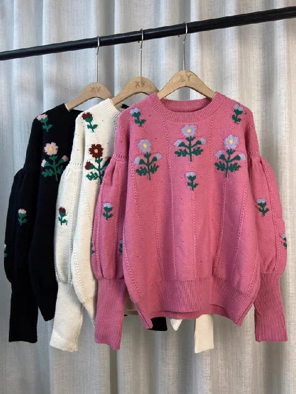 Boutique Recommendation Temperament flower sweater, vintage, jacquard lantern sleeve jumper, fall outerwear top  1409