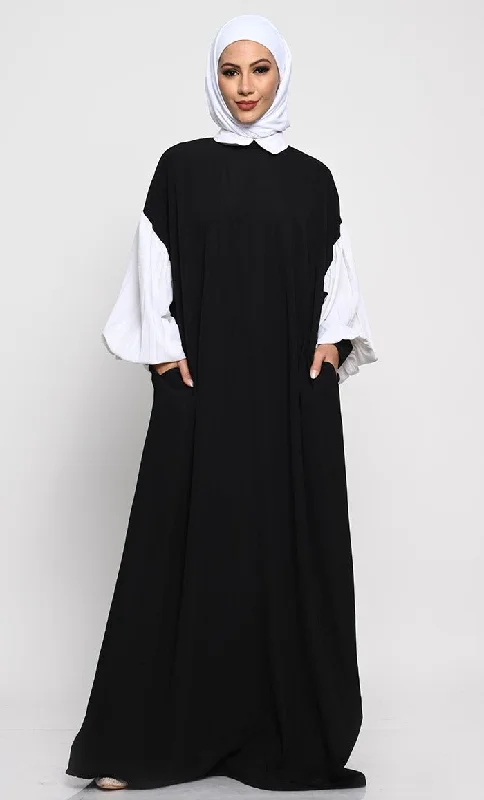 Letter embroidery A-Line Nida Fabric Abaya with Off-Shoulder Design and Contrast Gathered Sleeves Letter embroidery A-Line Nida Fabric Abaya with Off-Shoulder Design and Contrast Gathered Sleeves