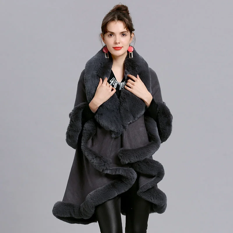 Elegant Tailoring Fur Shawl And Fur Collar Knitted Cardigan Shawl Cloak