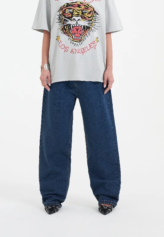 Breathable Design Womens Crystal Crawler Diamante Relaxed Denim Trousers Jeans - Indigo
