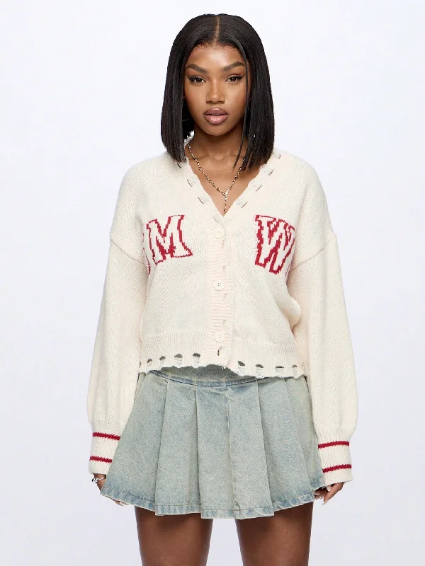 Soft Looks SUMWON WOMEN Cropped Distress Button Through Graphic Cardi