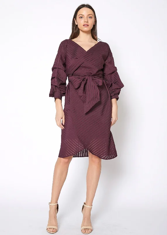 Cozy Vibes Organza Stripe Wrap Dress In Burgundy