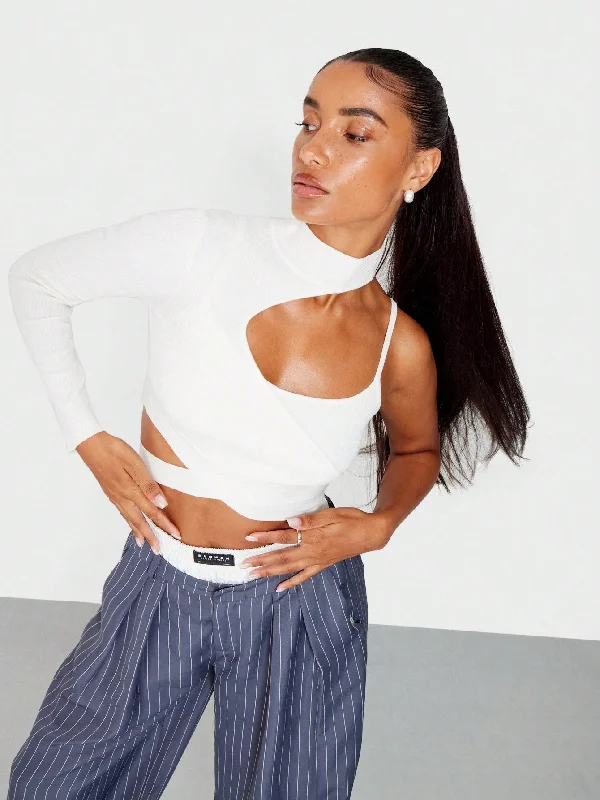 Sports Vitality Style SUMWON WOMEN Rib Layered High Neck Crop Top With One Cut Out Shoulder Detail