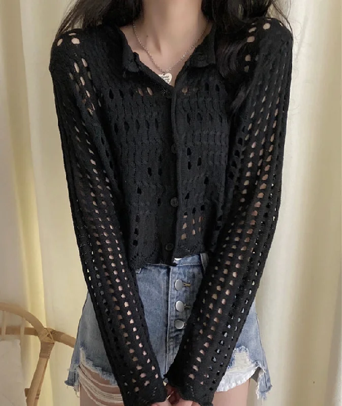 Round neck design White hollow out long sleeves cropped cardigan  152