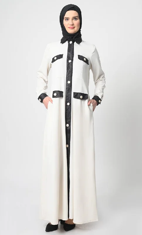 Embroidery Design Button-Front Abaya – Ponte roma Fabric, A-Line Cut, Full Sleeves, Flap Pockets