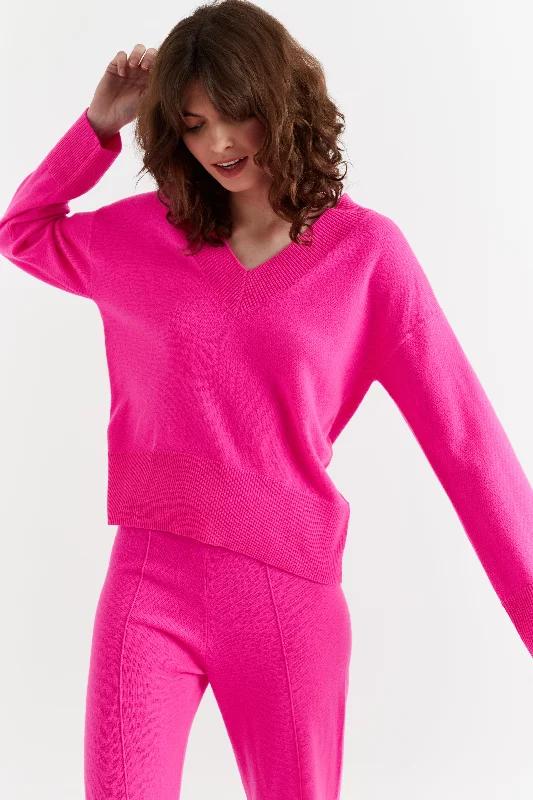 Personalized Wear Fuchsia Wool-Cashmere V-Neck Sweater