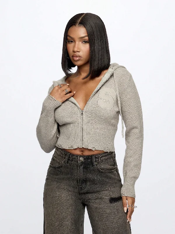 Trendy And Casual SUMWON WOMEN Knit Zip Through Distressed Crop Hooded Sweater