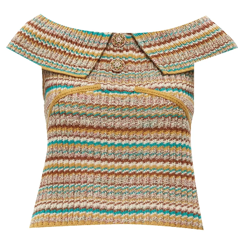 High-end Fabrics Chanel cc logo ethnic gold filigree button off shoulder sweater