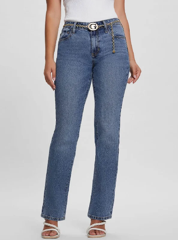 Street Style Mid-Rise G-Belt Sexy Straight Leg Denim Jeans In Lunar Blue Wash