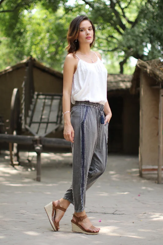 Age-reducing Style Navy Sophistication Dusty Grey Viscose Pants with Navy Stripes from India