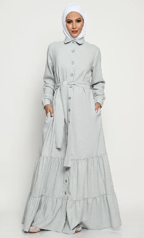 All-Day Wear Sophisticated Korean Twill Fabric Button Opening Abaya with Adjustable Belt All-Day Wear Sophisticated Korean Twill Fabric Button Opening Abaya with Adjustable Belt